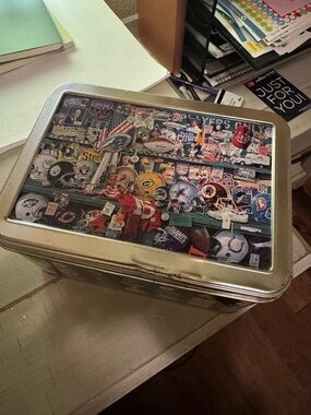 NFL Helmet Collage Metal Storage Tin - Silver with Multi-Color Lid